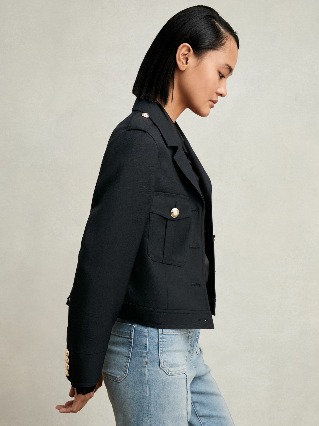 Reiss | Wool Twin-Pocket Cropped Jacket in Black