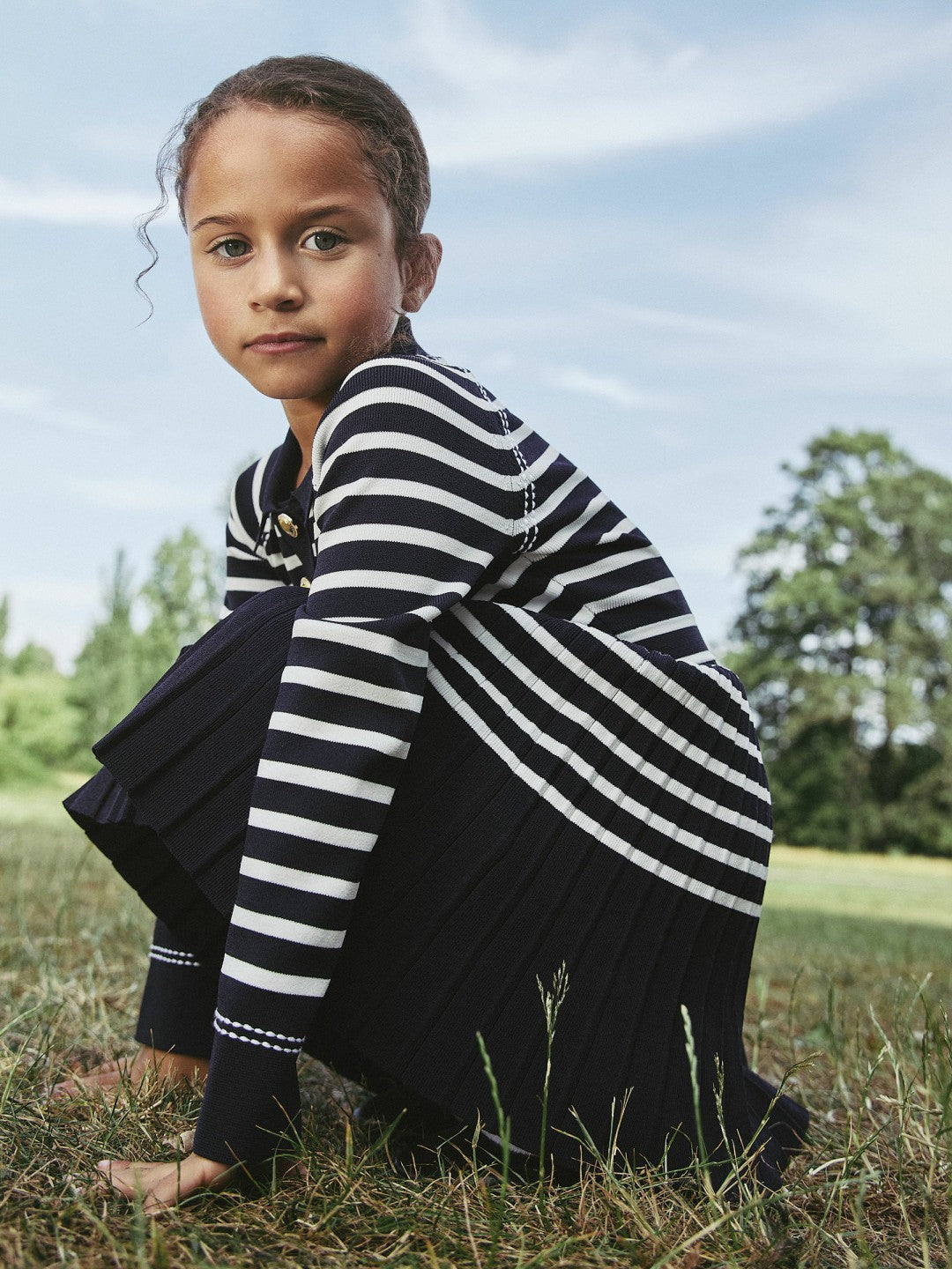Reiss | 3-9 yrs Button-Detail Stripe Knitted Dress in Navy/White