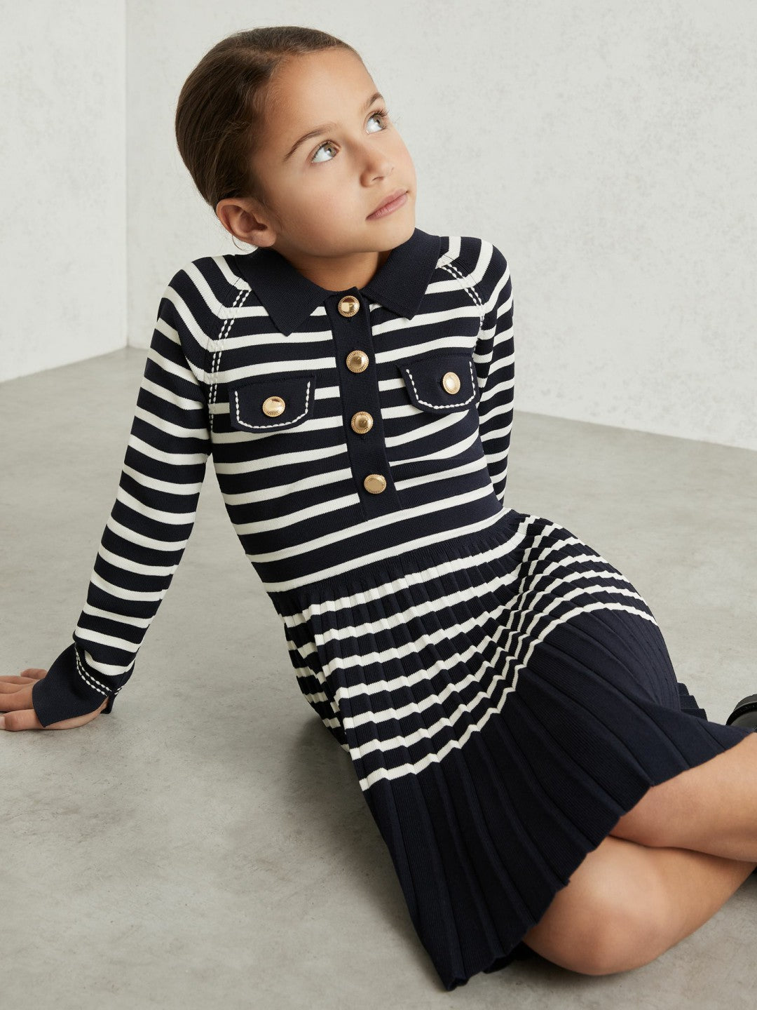 Reiss | 3-9 yrs Button-Detail Stripe Knitted Dress in Navy/White