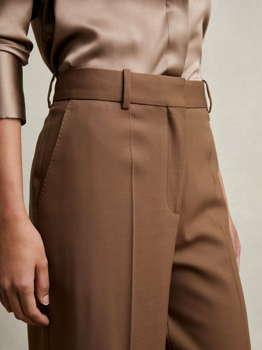 Reiss | Wool-Blend Wide-Leg Suit Trousers in Tan