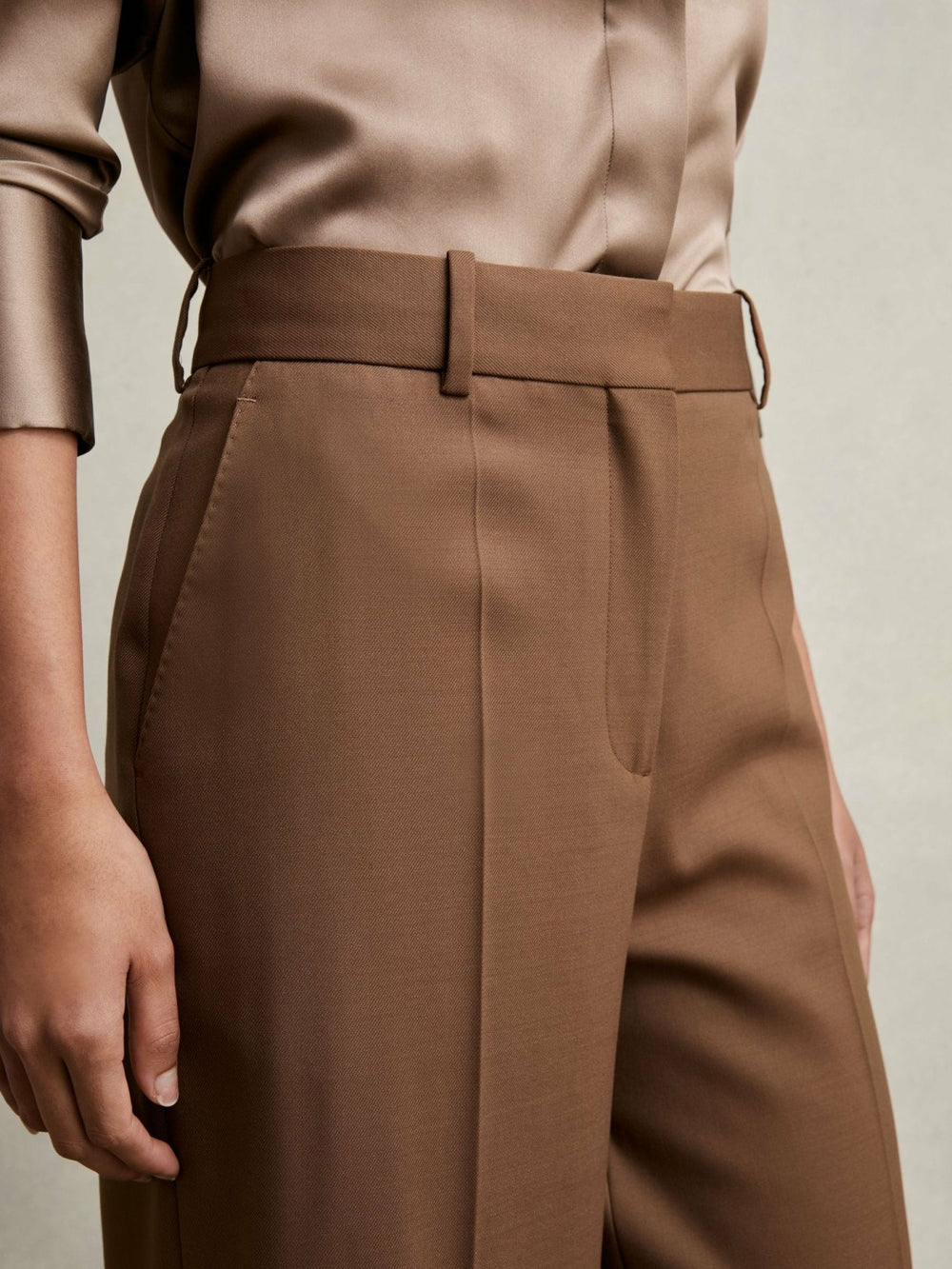 Reiss | Wool-Blend Wide-Leg Suit Trousers in Tan