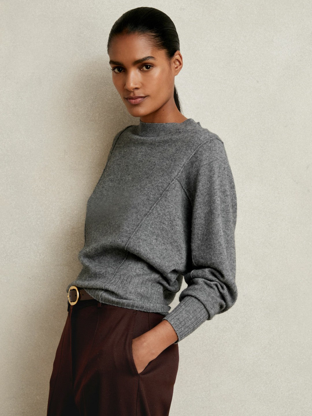 Reiss | Wool-Blend Reverse-Seam Batwing Jumper With Cashmere in Charcoal