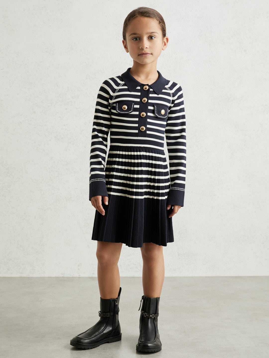 Reiss | 13-14 yrs Button-Detail Stripe Knitted Dress in Navy/White