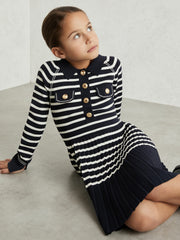 Reiss | 13-14 yrs Button-Detail Stripe Knitted Dress in Navy/White