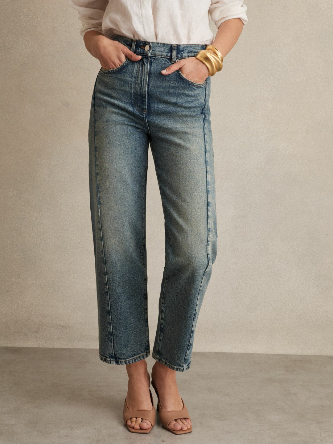 Reiss | Petite Barrel-Leg Seam Jeans in Mid Blue