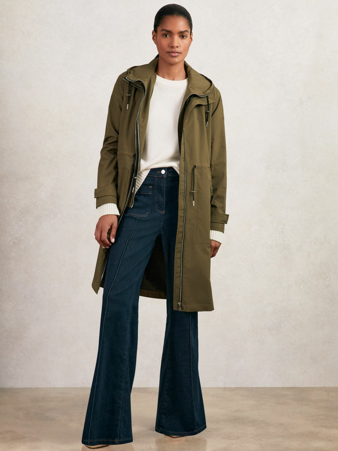 Reiss | Removable-Hood Parka Rain Coat in Khaki