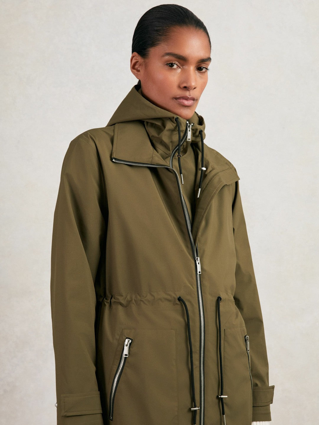 Reiss | Removable-Hood Parka Rain Coat in Khaki