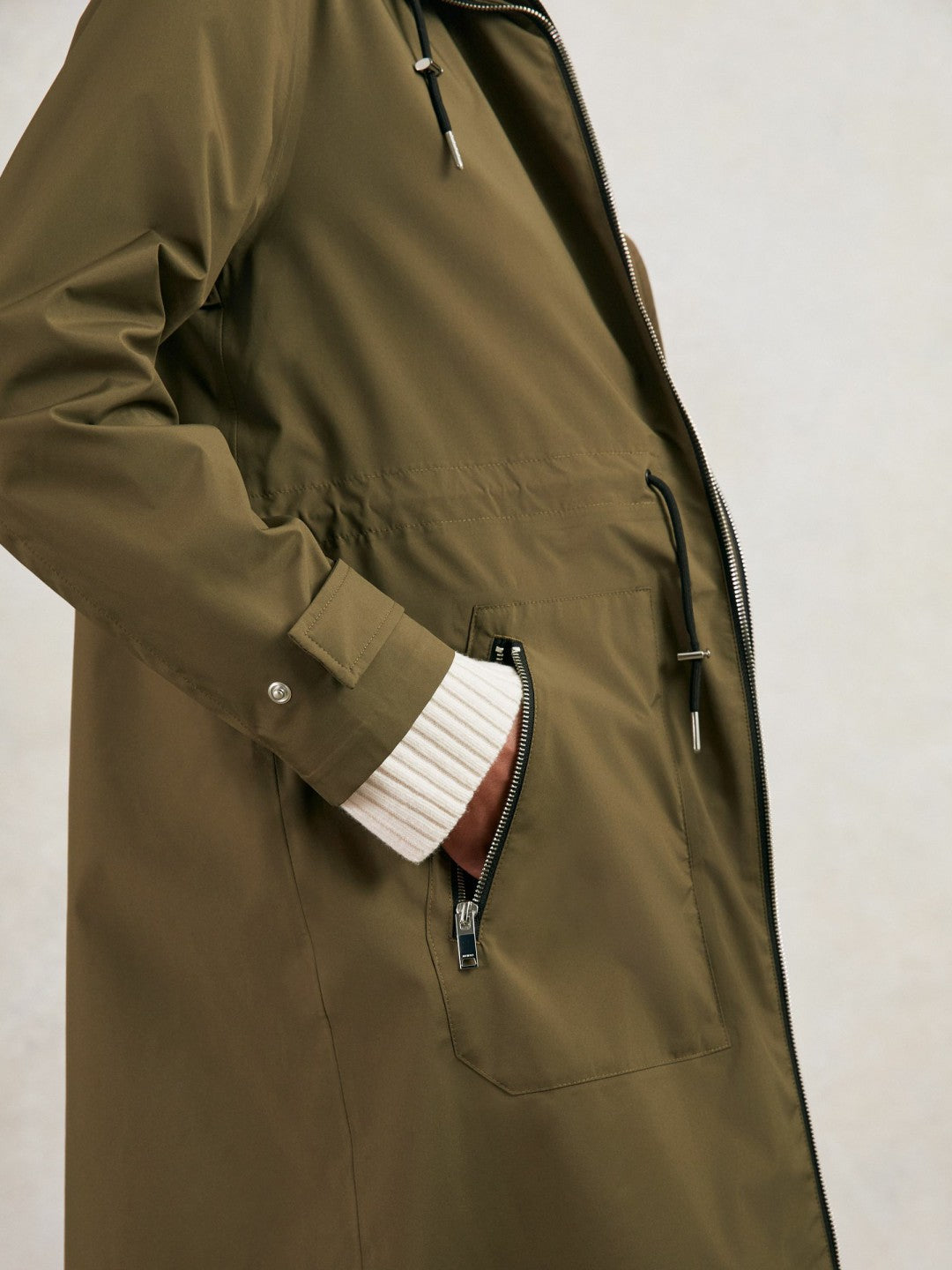 Reiss | Removable-Hood Parka Rain Coat in Khaki