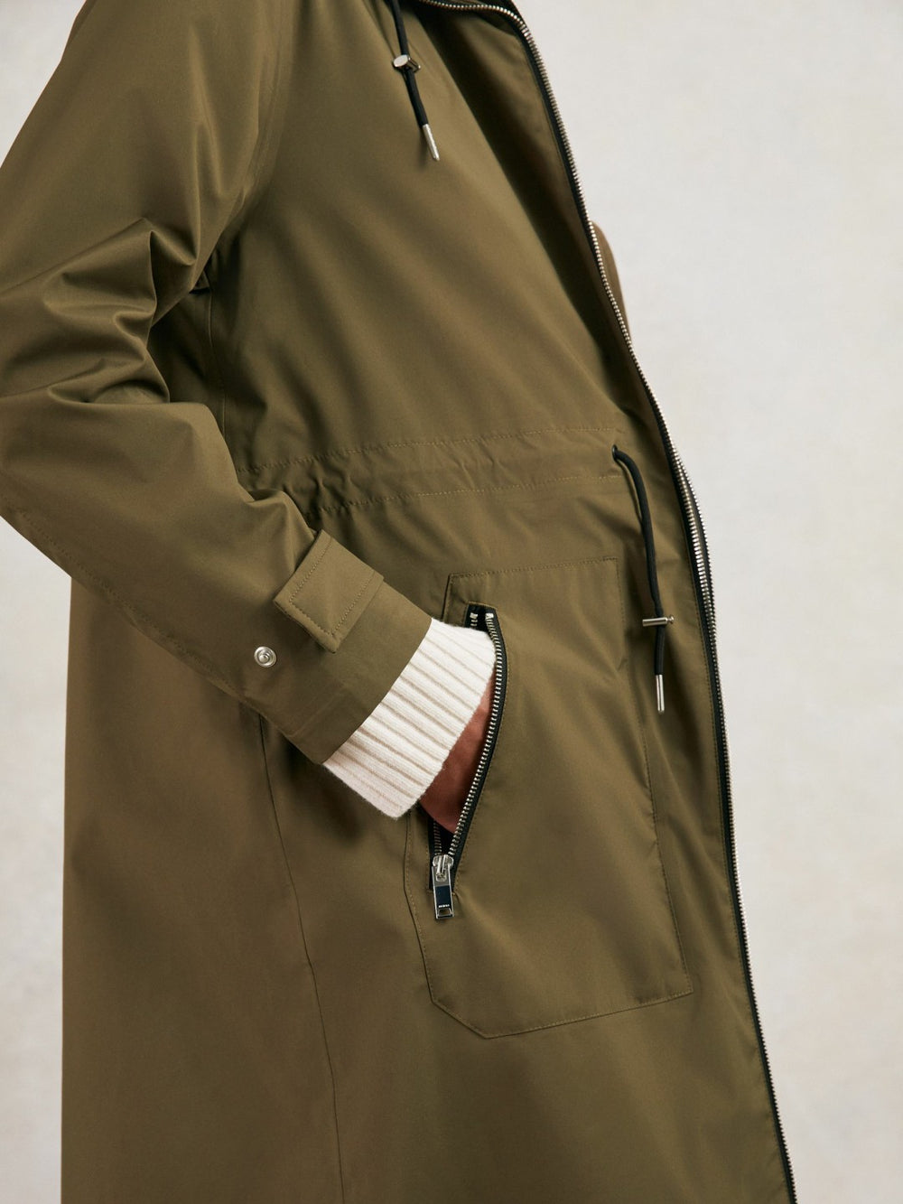 Reiss | Removable-Hood Parka Rain Coat in Khaki