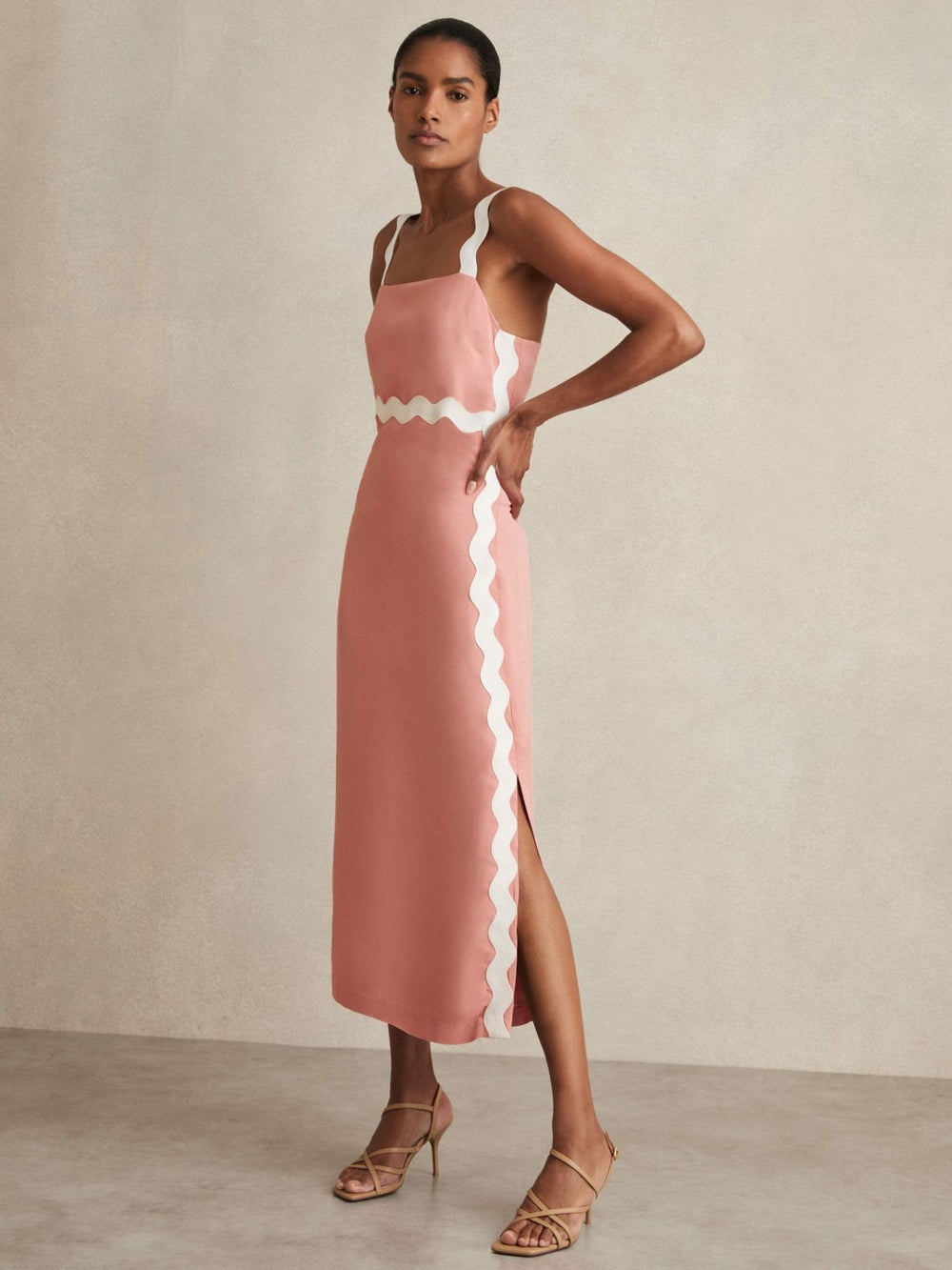 Reiss | Wave-Trim Crepe Midi Dress in Pink