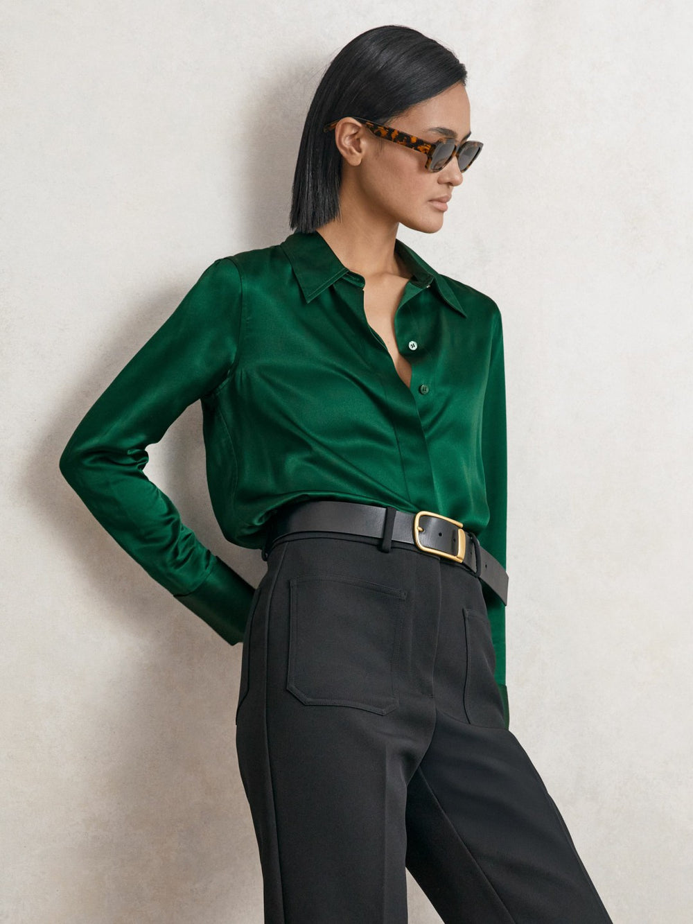 Reiss | Silk-Satin Concealed-Placket Shirt in Green