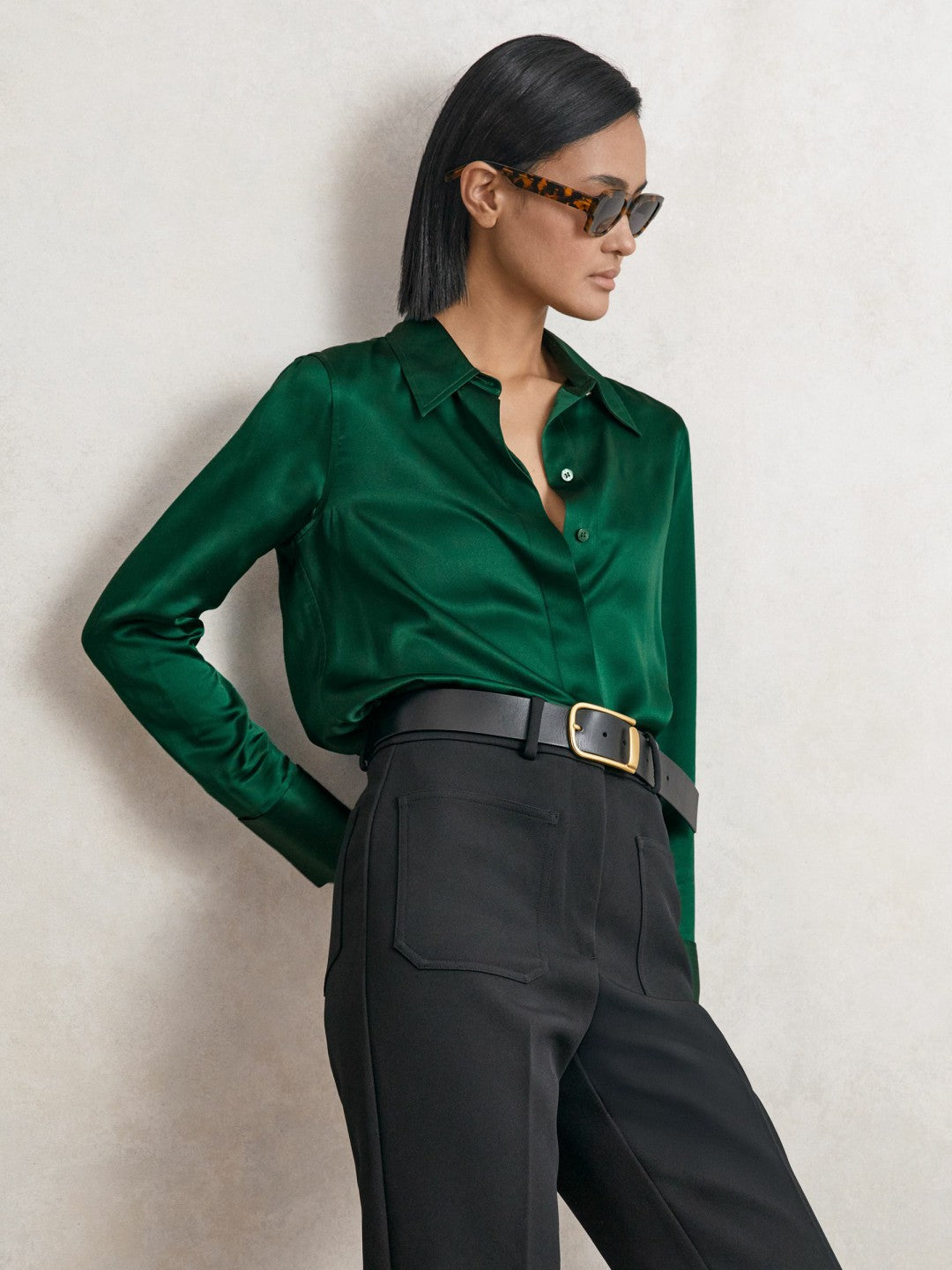 Reiss | Silk-Satin Concealed-Placket Shirt in Green