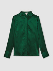 Reiss | Silk-Satin Concealed-Placket Shirt in Green