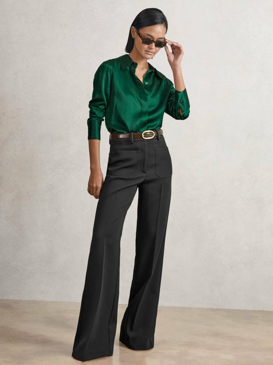 Reiss | Silk-Satin Concealed-Placket Shirt in Green