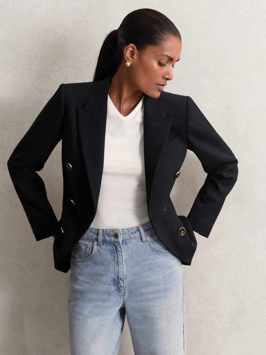 Reiss | Petite Wool-Blend Double-Breasted Blazer in Navy