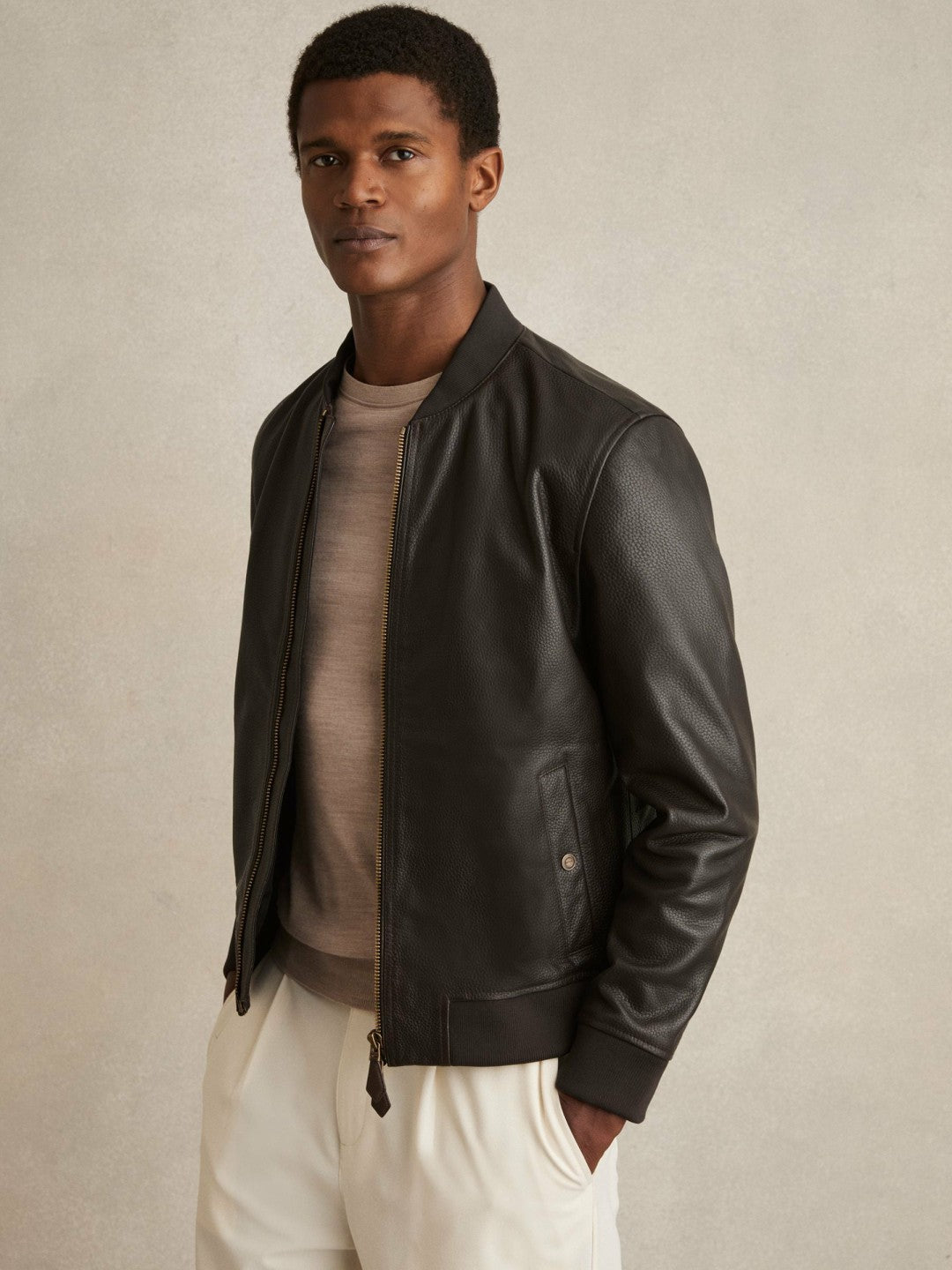 Reiss | Leather Bomber Jacket in Brown