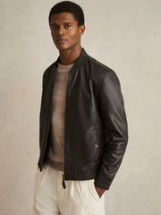 Reiss | Leather Bomber Jacket in Brown