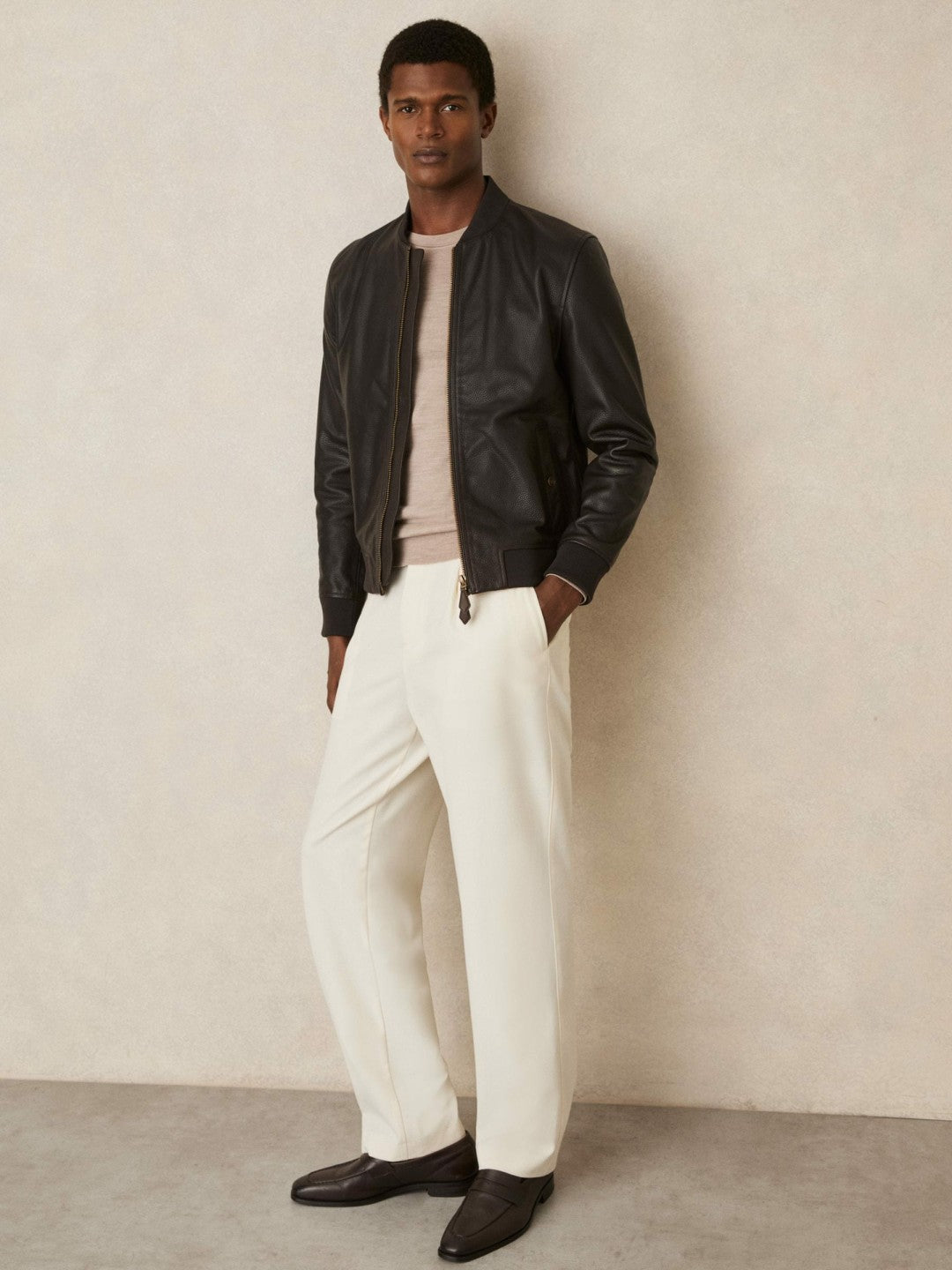 Reiss | Leather Bomber Jacket in Brown