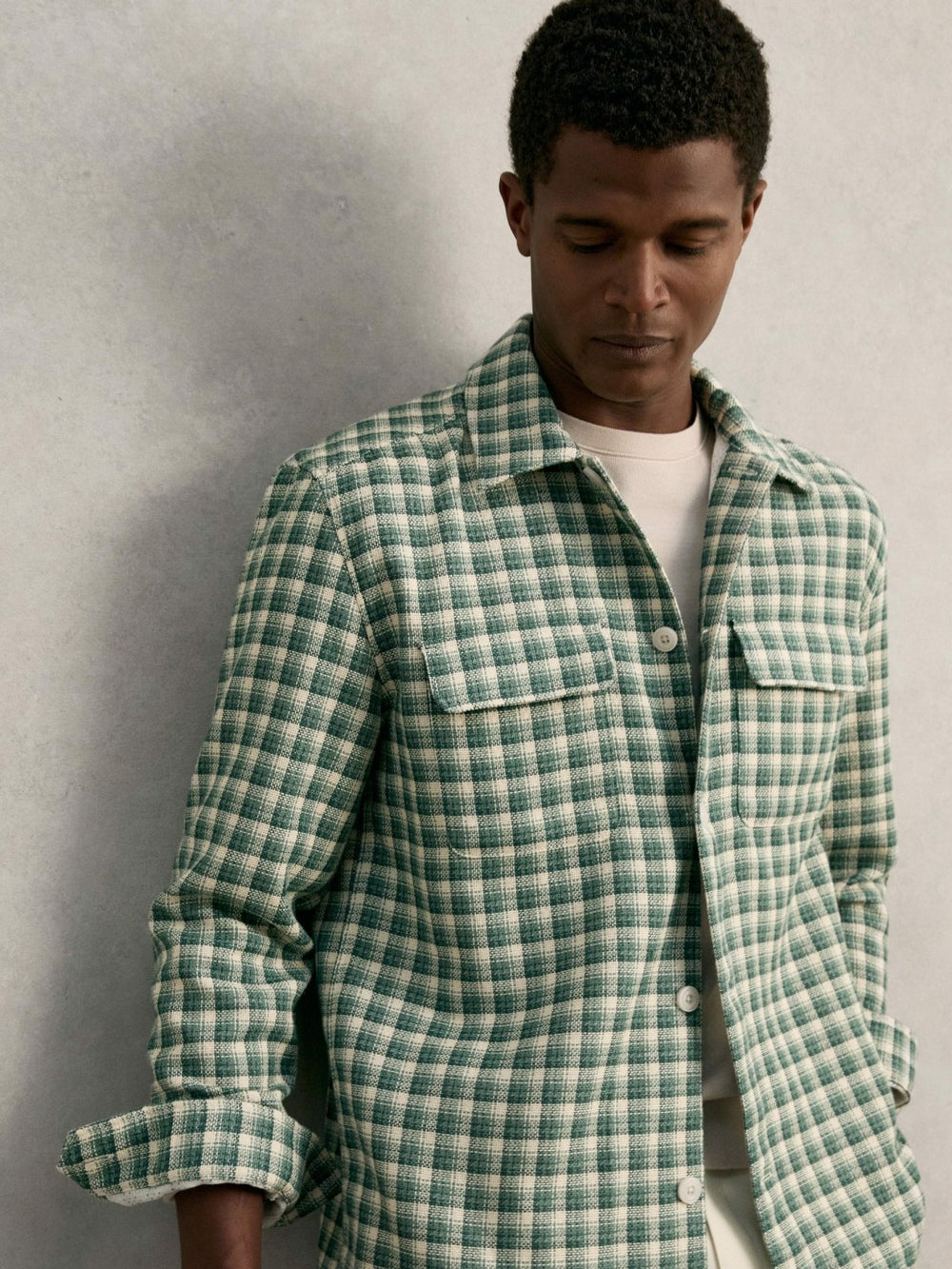 Reiss | Woven Check Twin Pocket Overshirt in Green Multi