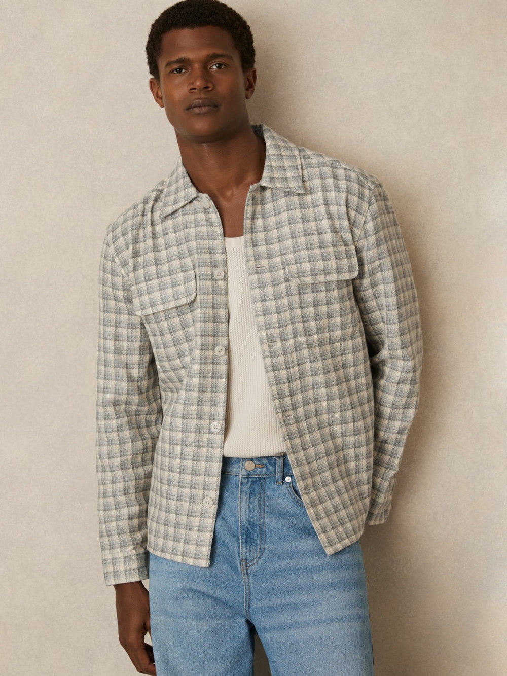 Reiss | Woven Check Twin Pocket Overshirt in Light Grey