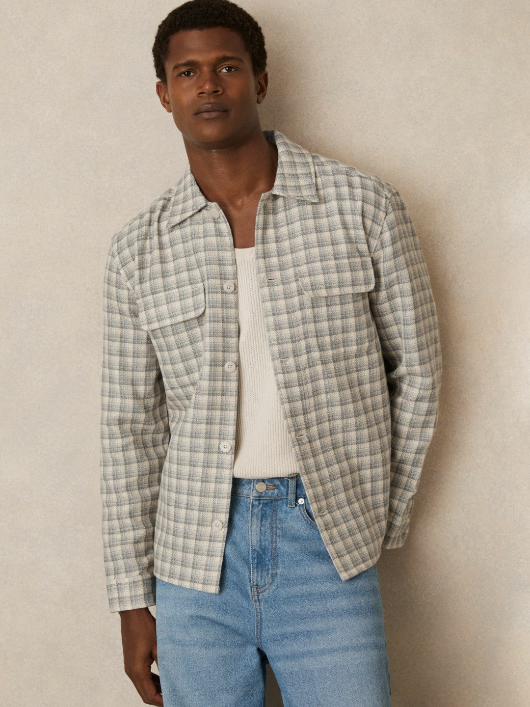 Reiss | Woven Check Twin Pocket Overshirt in Light Grey