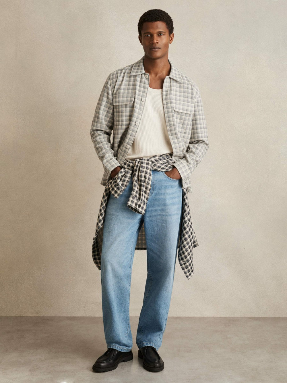 Reiss | Woven Check Twin Pocket Overshirt in Light Grey