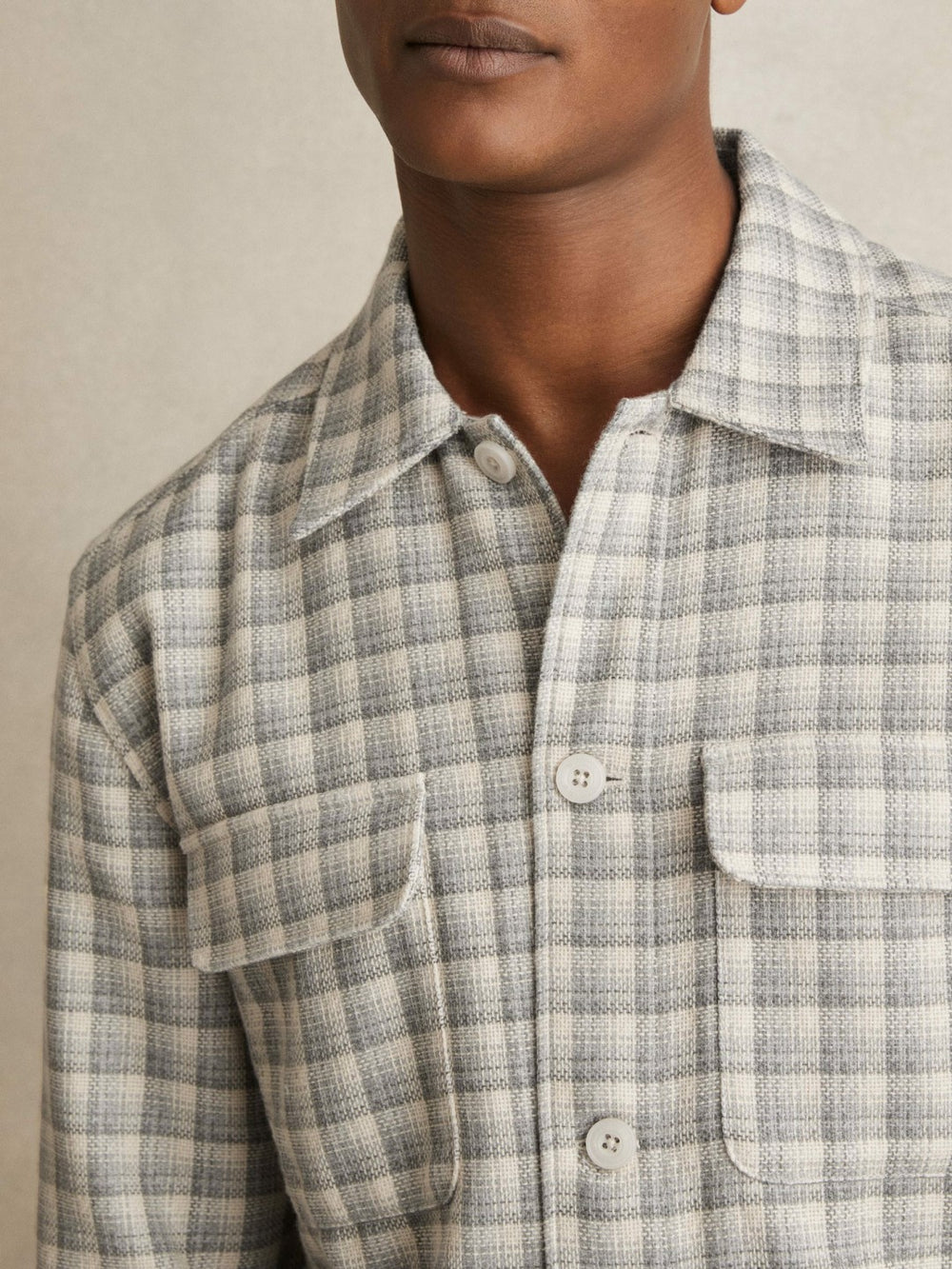 Reiss | Woven Check Twin Pocket Overshirt in Light Grey