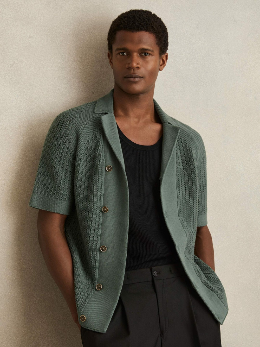 Reiss | Cotton Textured-Knit Cuban-Collar Shirt in Pine Green
