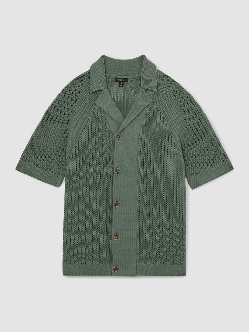 Reiss | Cotton Textured-Knit Cuban-Collar Shirt in Pine Green