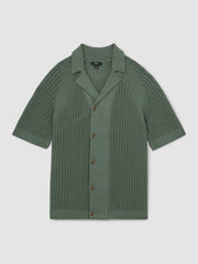 Reiss | Cotton Textured-Knit Cuban-Collar Shirt in Pine Green