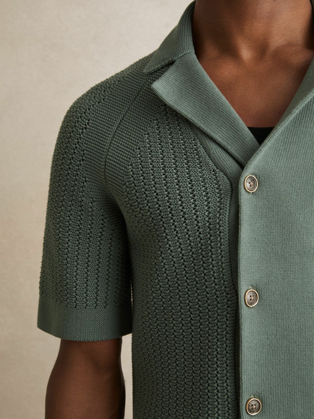 Reiss | Cotton Textured-Knit Cuban-Collar Shirt in Pine Green