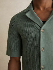 Reiss | Cotton Textured-Knit Cuban-Collar Shirt in Pine Green