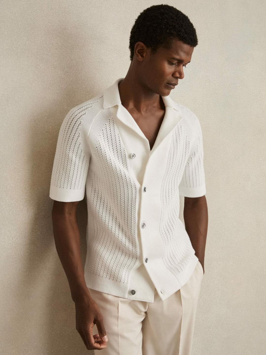 Reiss | Cotton Textured-Knit Cuban-Collar Shirt in White