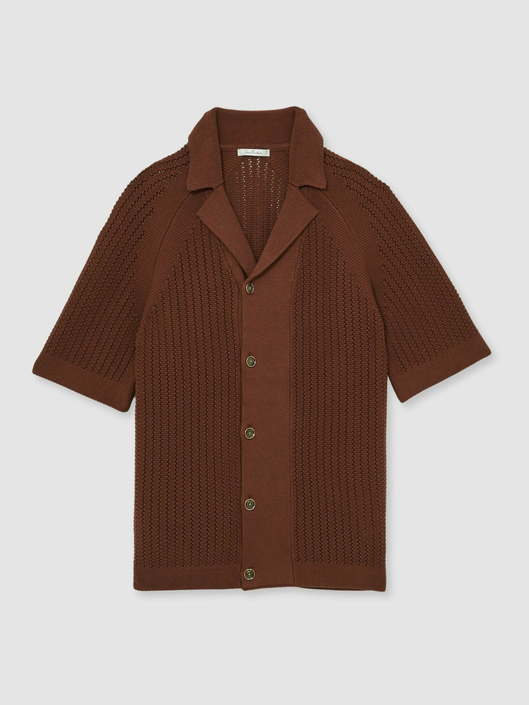 Reiss | Cotton Textured-Knit Cuban-Collar Shirt in Tobacco Brown