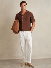 Reiss | Cotton Textured-Knit Cuban-Collar Shirt in Tobacco Brown