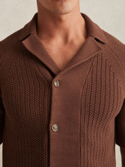 Reiss | Cotton Textured-Knit Cuban-Collar Shirt in Tobacco Brown