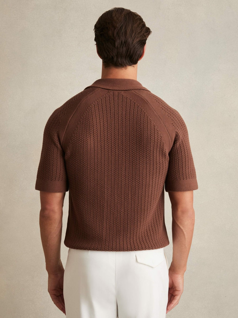 Reiss | Cotton Textured-Knit Cuban-Collar Shirt in Tobacco Brown
