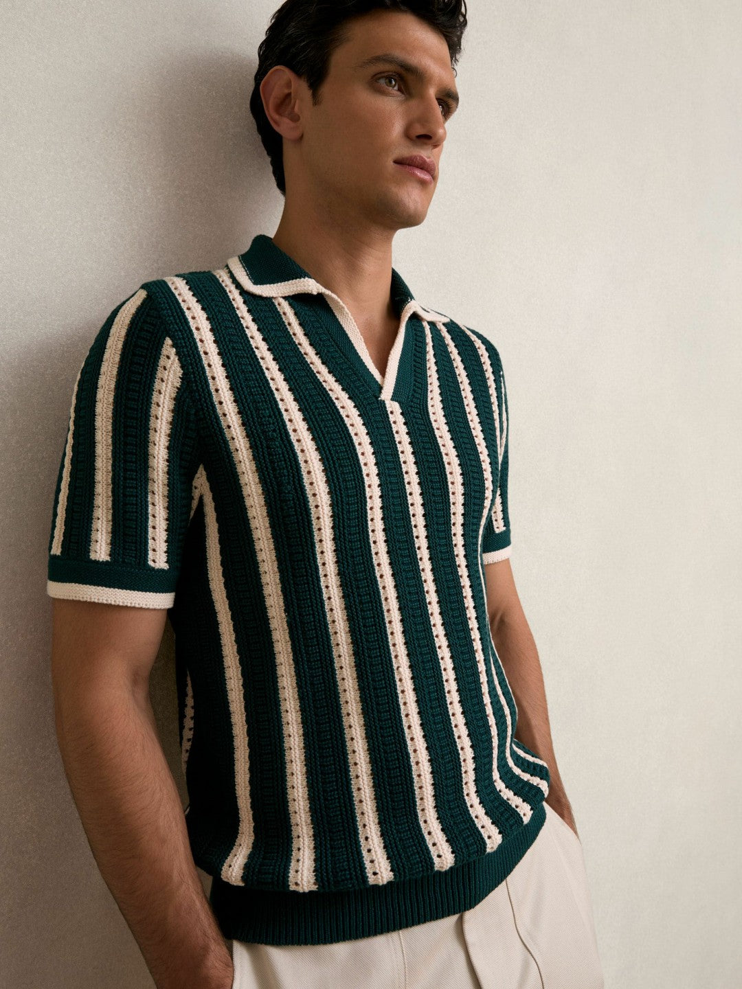Reiss | Cotton Blend Stripe Knit Polo Shirt in Dark Teal Green/Ecru