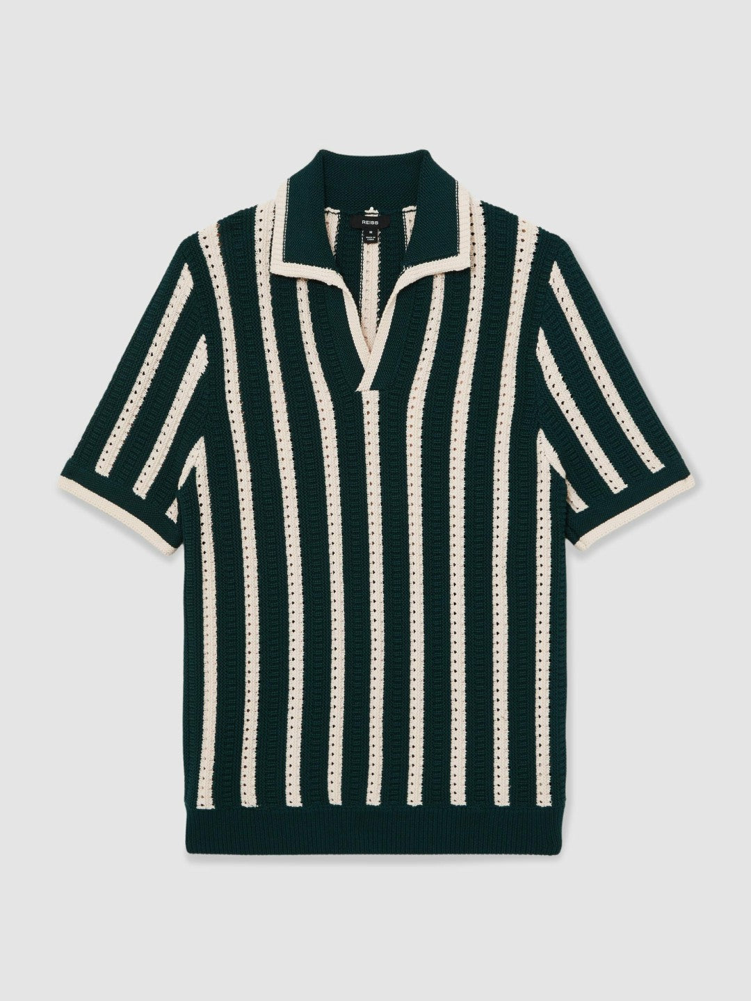 Reiss | Cotton Blend Stripe Knit Polo Shirt in Dark Teal Green/Ecru