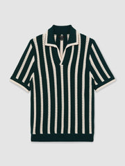 Reiss | Cotton Blend Stripe Knit Polo Shirt in Dark Teal Green/Ecru