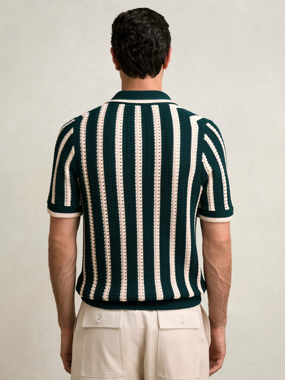 Reiss | Cotton Blend Stripe Knit Polo Shirt in Dark Teal Green/Ecru