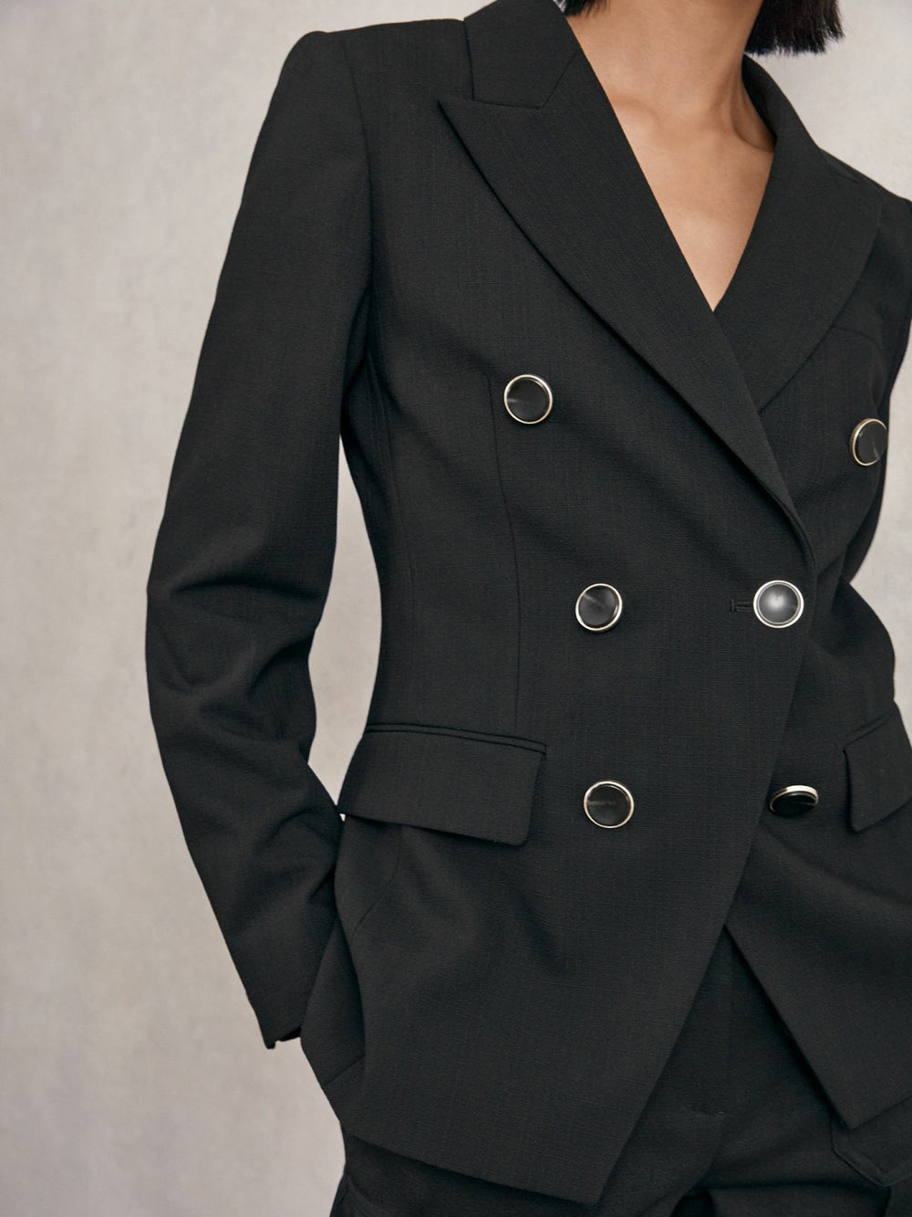 Reiss | Petite Wool-Blend Double-Breasted Blazer in Black