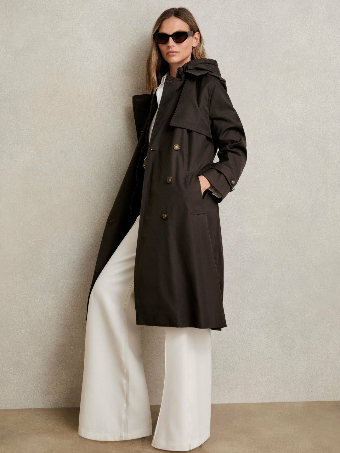 Reiss | Petite Hooded Insert Trench Coat in Chocolate Brown