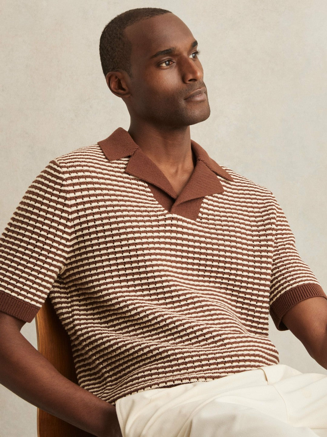 Reiss | Cotton Textured Knit Stripe Polo Shirt in Tobacco Brown/ Off White