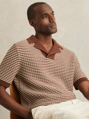 Reiss | Cotton Textured Knit Stripe Polo Shirt in Tobacco Brown/ Off White