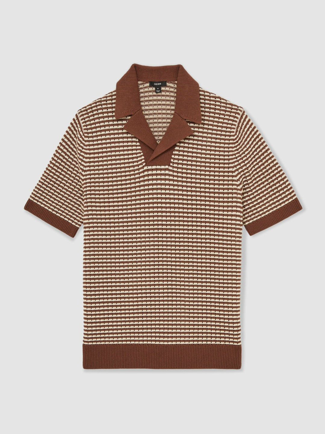 Reiss | Cotton Textured Knit Stripe Polo Shirt in Tobacco Brown/ Off White