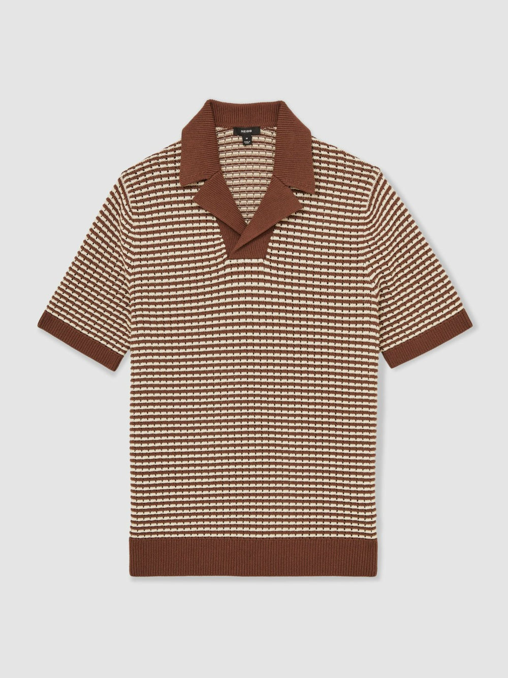 Reiss | Cotton Textured Knit Stripe Polo Shirt in Tobacco Brown/ Off White