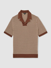Reiss | Cotton Textured Knit Stripe Polo Shirt in Tobacco Brown/ Off White