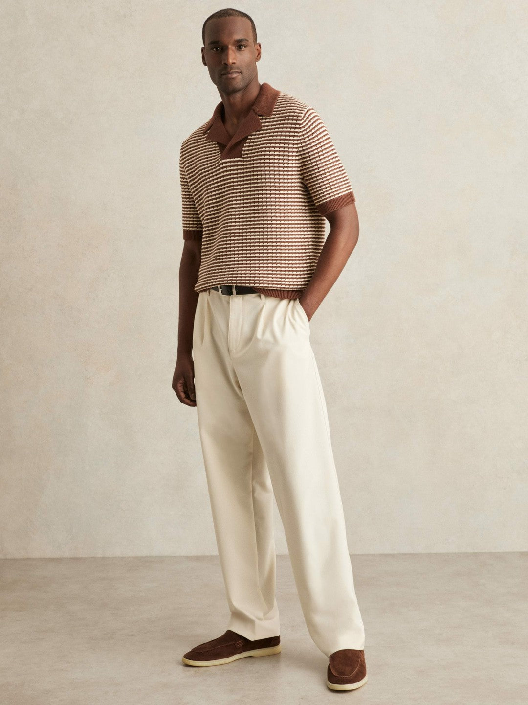 Reiss | Cotton Textured Knit Stripe Polo Shirt in Tobacco Brown/ Off White