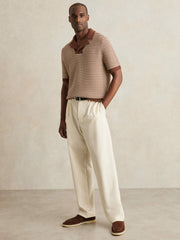 Reiss | Cotton Textured Knit Stripe Polo Shirt in Tobacco Brown/ Off White